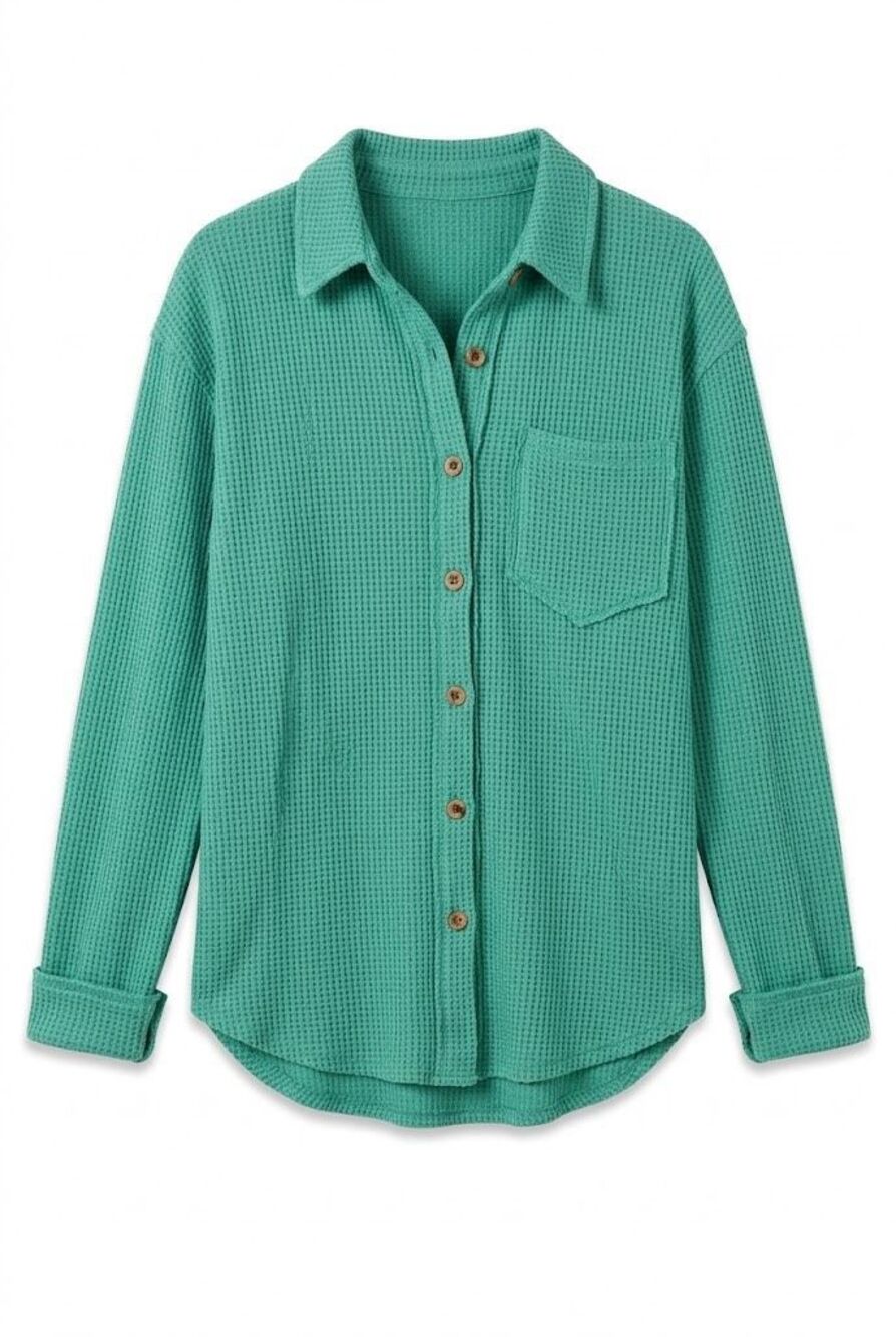B1025. BiBi Green Waffle Knit Patch Pocket Cut Edge Button Down Shacket